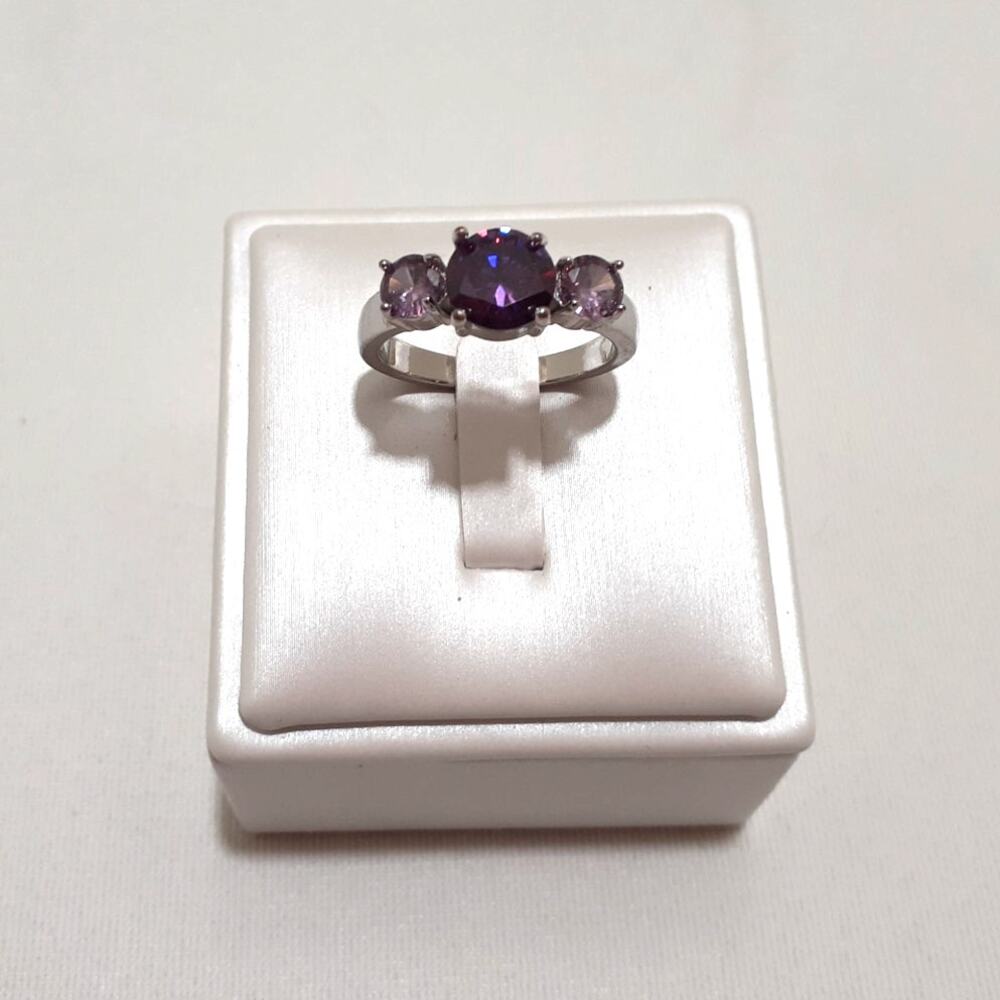 Purple Crystal Stones Silver Tone Statement Ring Size 8.75